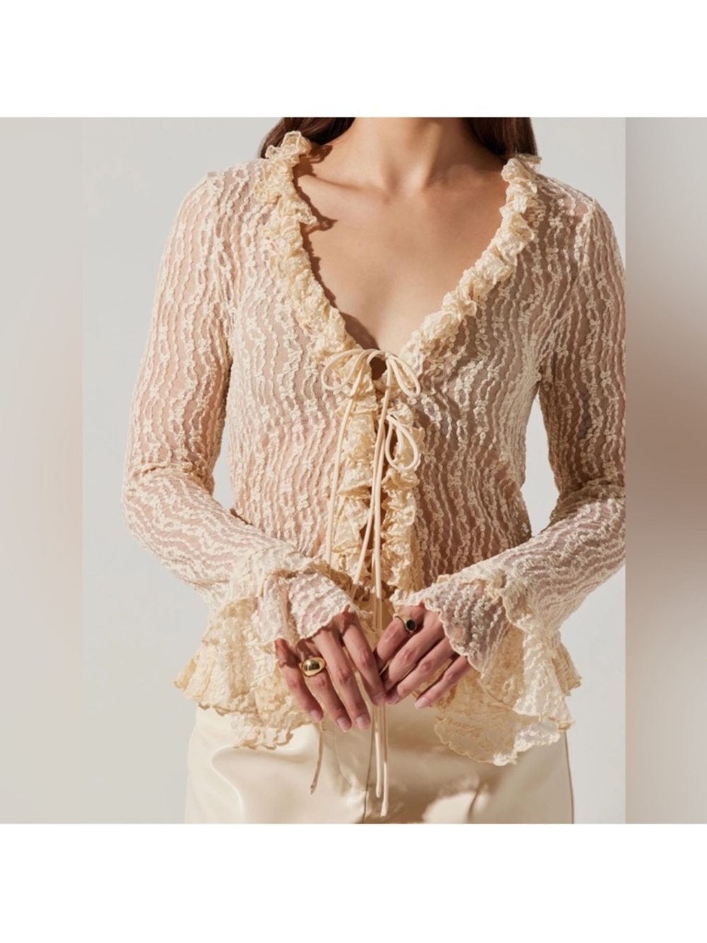 Sheer Ruffle Tie-Front Blouse in Cream - Picture 2 of 4